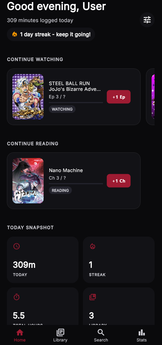 OtakuLog home screen